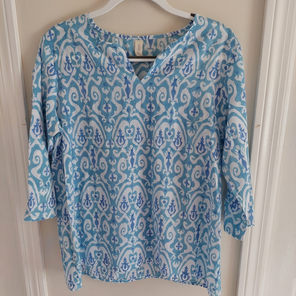 MANGO blue,white cotton boho print beach top size L